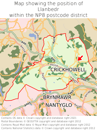 Map showing location of Llanbedr within NP8