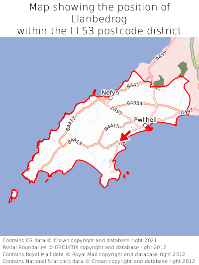 Map showing location of Llanbedrog within LL53