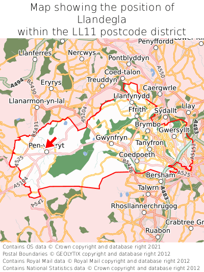 Map showing location of Llandegla within LL11