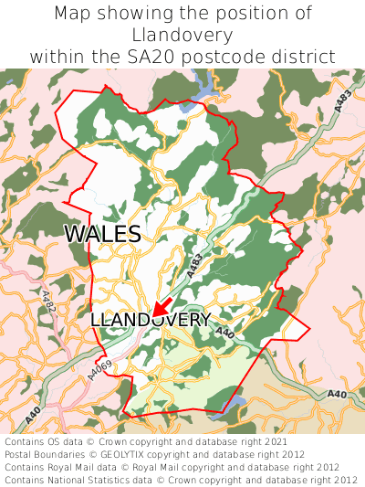 Map showing location of Llandovery within SA20