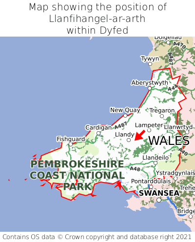 Map showing location of Llanfihangel-ar-arth within Dyfed