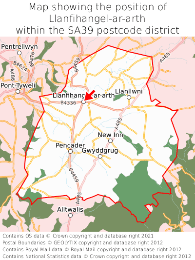 Map showing location of Llanfihangel-ar-arth within SA39