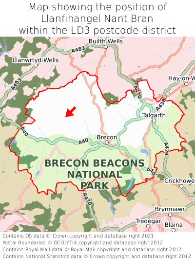 Map showing location of Llanfihangel Nant Bran within LD3