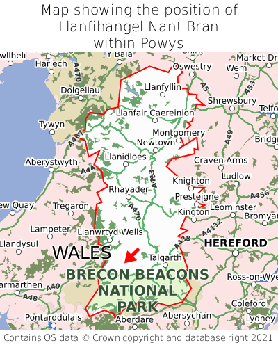 Map showing location of Llanfihangel Nant Bran within Powys