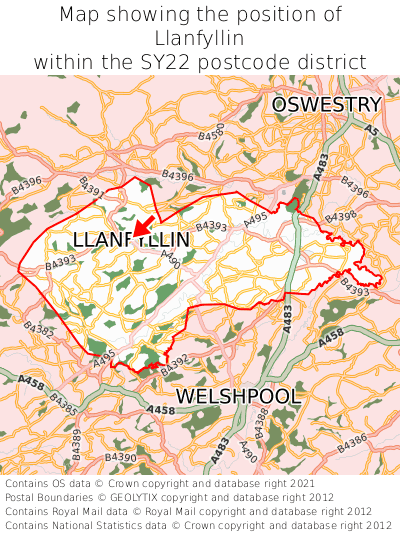Map showing location of Llanfyllin within SY22