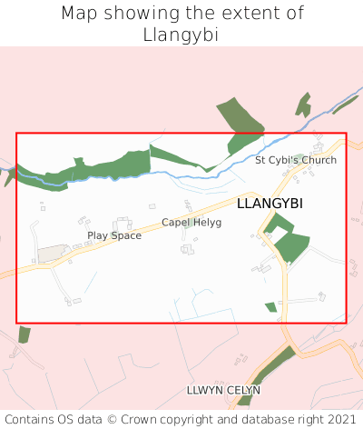 Map showing extent of Llangybi as bounding box