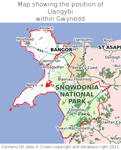 Map showing location of Llangybi within Gwynedd