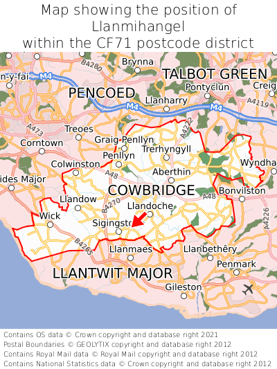 Map showing location of Llanmihangel within CF71