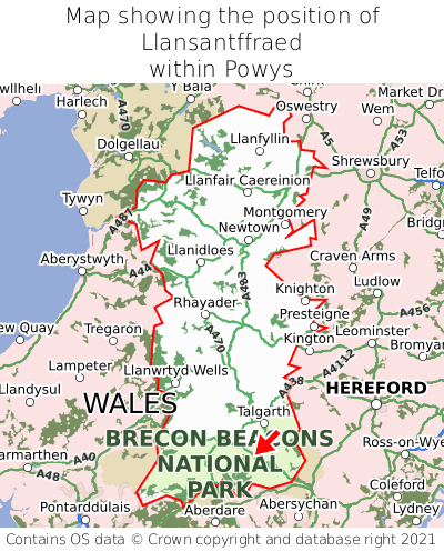 Map showing location of Llansantffraed within Powys