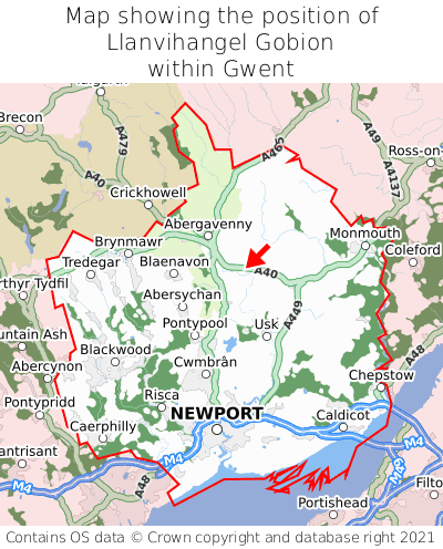 Map showing location of Llanvihangel Gobion within Gwent