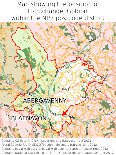 Map showing location of Llanvihangel Gobion within NP7