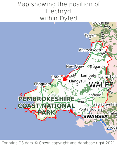 Map showing location of Llechryd within Dyfed