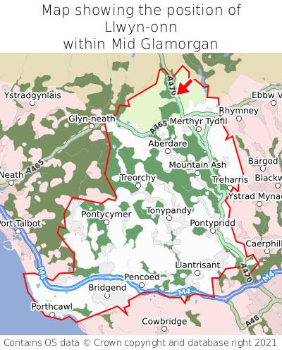 Map showing location of Llwyn-onn within Mid Glamorgan
