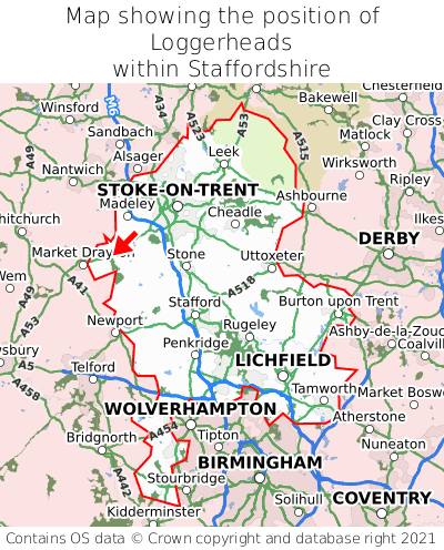 Map showing location of Loggerheads within Staffordshire