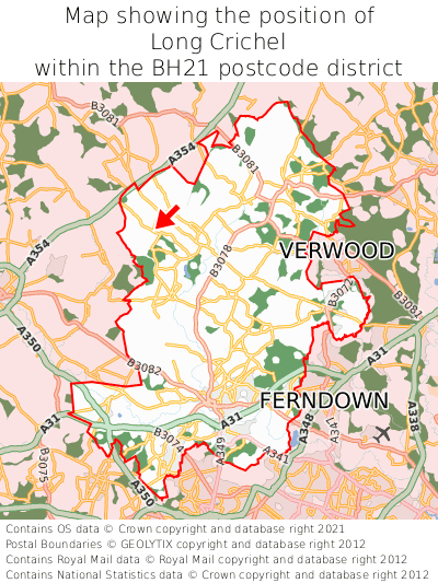 Map showing location of Long Crichel within BH21