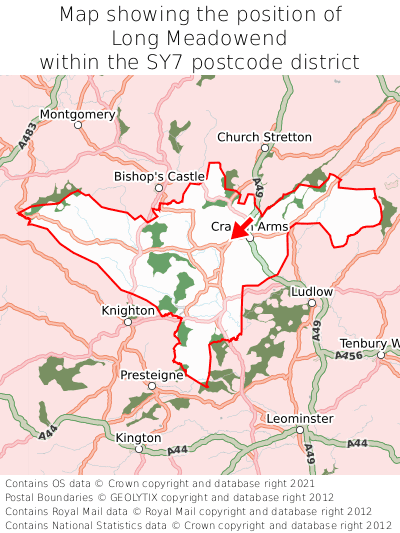 Map showing location of Long Meadowend within SY7