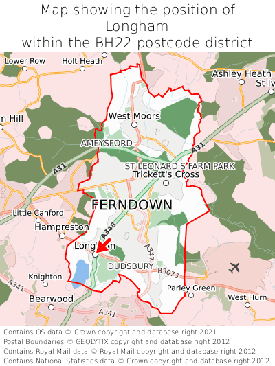 Map showing location of Longham within BH22