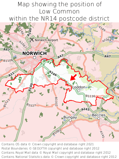 Map showing location of Low Common within NR14