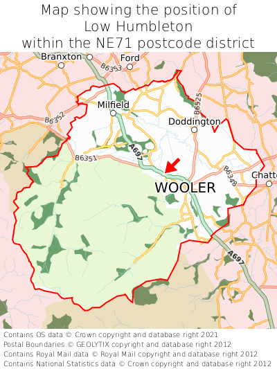 Map showing location of Low Humbleton within NE71