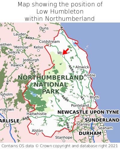 Map showing location of Low Humbleton within Northumberland