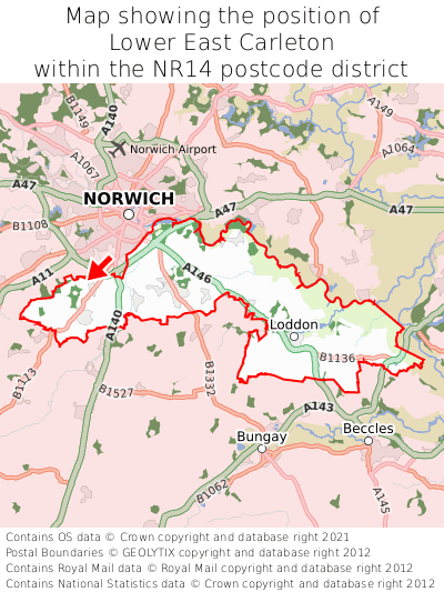 Map showing location of Lower East Carleton within NR14