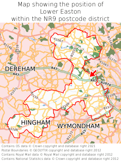 Map showing location of Lower Easton within NR9