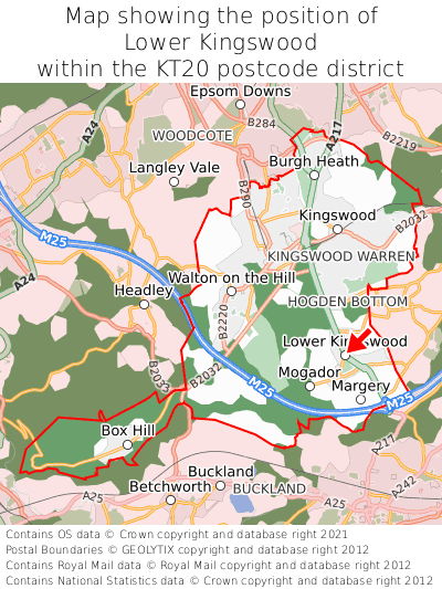 Map showing location of Lower Kingswood within KT20