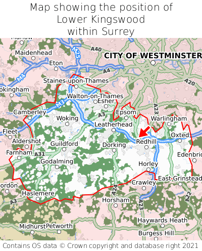 Map showing location of Lower Kingswood within Surrey