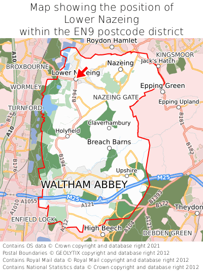 Map showing location of Lower Nazeing within EN9