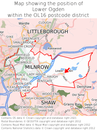 Map showing location of Lower Ogden within OL16