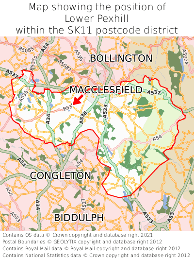 Map showing location of Lower Pexhill within SK11