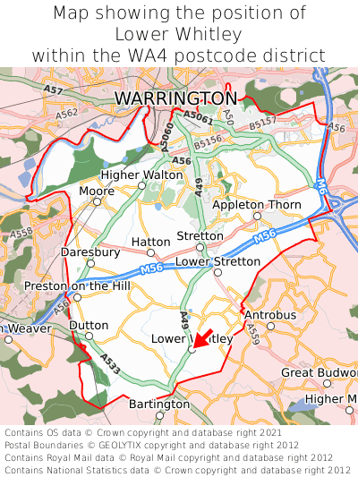 Map showing location of Lower Whitley within WA4