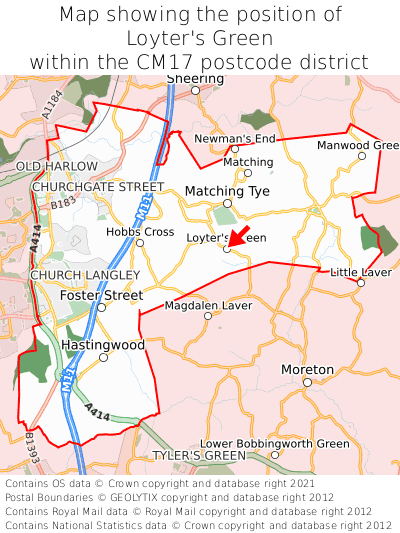Map showing location of Loyter's Green within CM17
