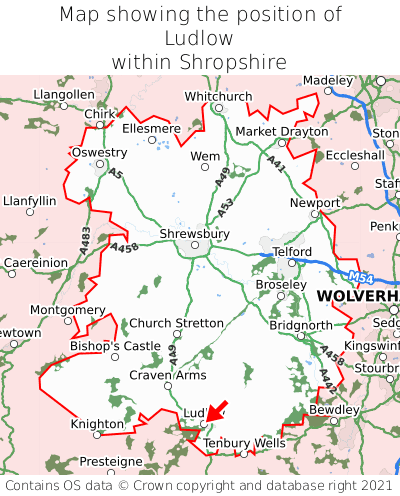 Map showing location of Ludlow within Shropshire