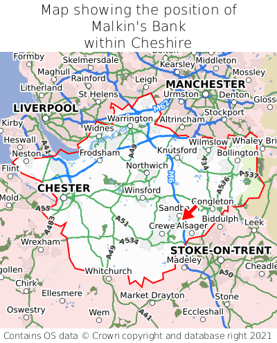 Map showing location of Malkin's Bank within Cheshire