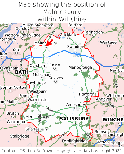 Map showing location of Malmesbury within Wiltshire
