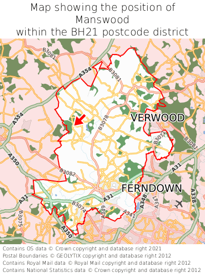 Map showing location of Manswood within BH21