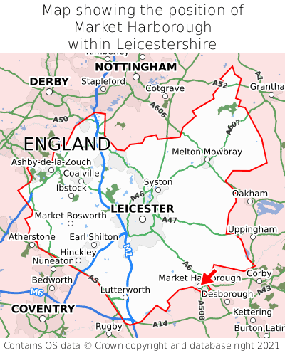 Map showing location of Market Harborough within Leicestershire