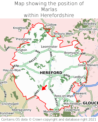 Map showing location of Marlas within Herefordshire