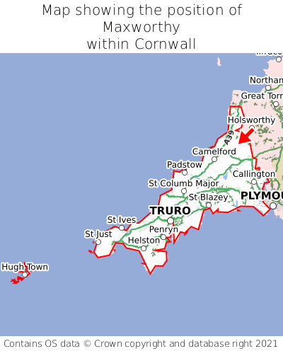 Map showing location of Maxworthy within Cornwall