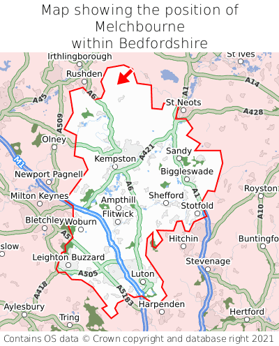 Map showing location of Melchbourne within Bedfordshire