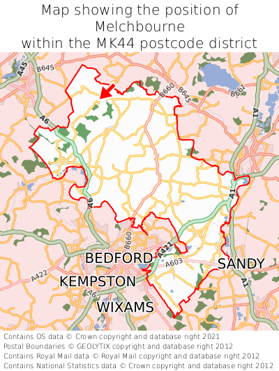 Map showing location of Melchbourne within MK44