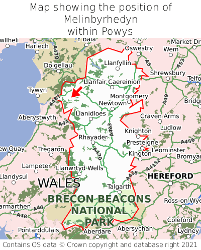 Map showing location of Melinbyrhedyn within Powys