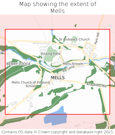 Map showing extent of Mells as bounding box