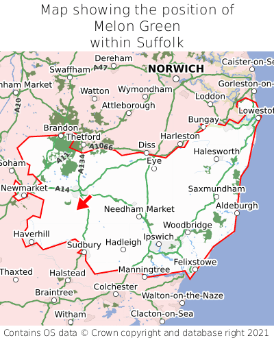 Map showing location of Melon Green within Suffolk