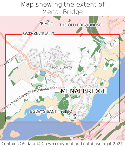 Map showing extent of Menai Bridge as bounding box