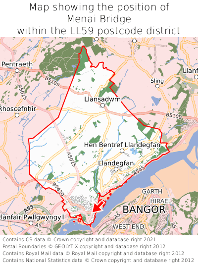 Map showing location of Menai Bridge within LL59