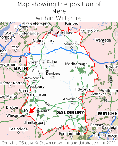 Map showing location of Mere within Wiltshire