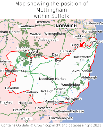 Map showing location of Mettingham within Suffolk