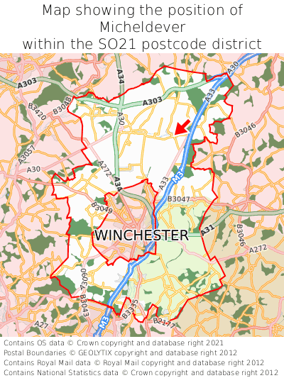 Map showing location of Micheldever within SO21